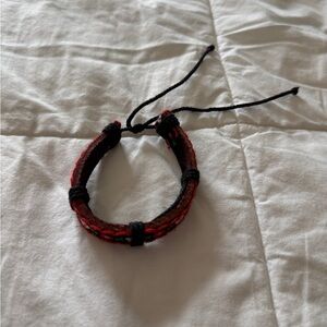 Adjustable Boho Embroidered Bracelet | Leather & Woven String | Black Red Green